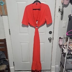 SHEIN Coral Maxi Dress with Front Ring Tie